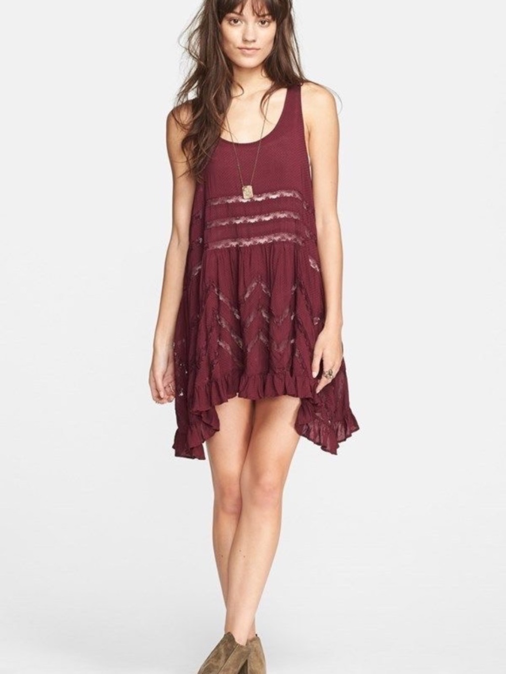 Free People Trapeze Slip Dress Tunic Burgundy Lace M